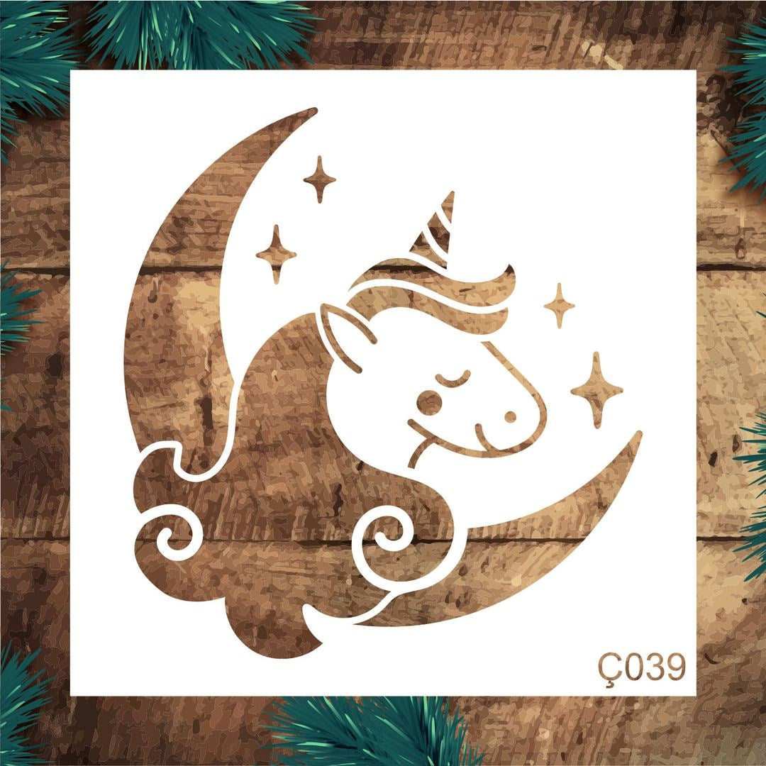 Stencil Tasarım Ç039 Unicorn Duvar Ahşap Cam Boyama Deseni RİCH