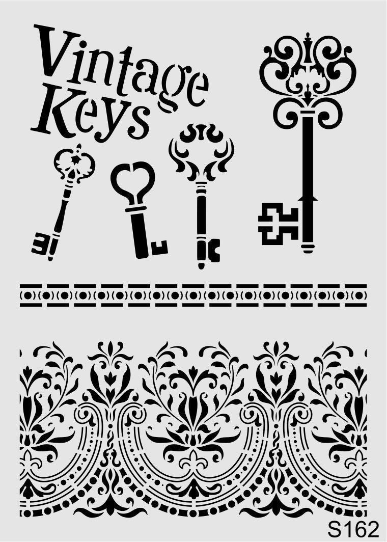 Stencil Tasarım S162 Vintage Keys Duvar Ahşap Cam Boyama Deseni