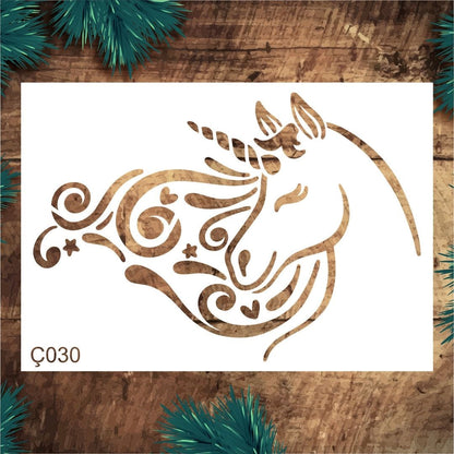 Stencil Tasarım Ç030 Unicorn Duvar Ahşap Cam Boyama Deseni