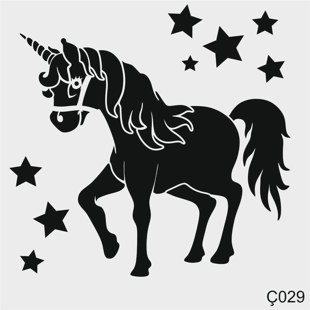 Stencil Tasarım Ç029 Unicorn Duvar Ahşap Cam Boyama Deseni